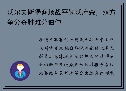 沃尔夫斯堡客场战平勒沃库森，双方争分夺胜难分伯仲