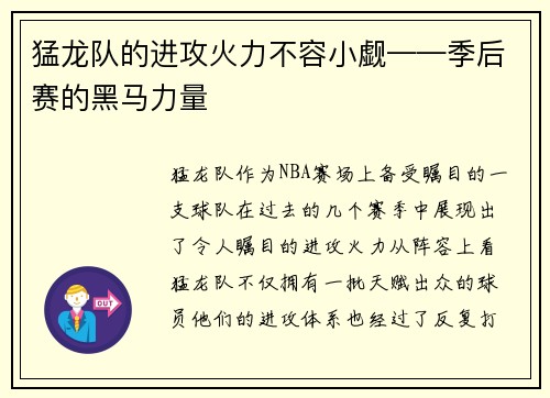 猛龙队的进攻火力不容小觑——季后赛的黑马力量